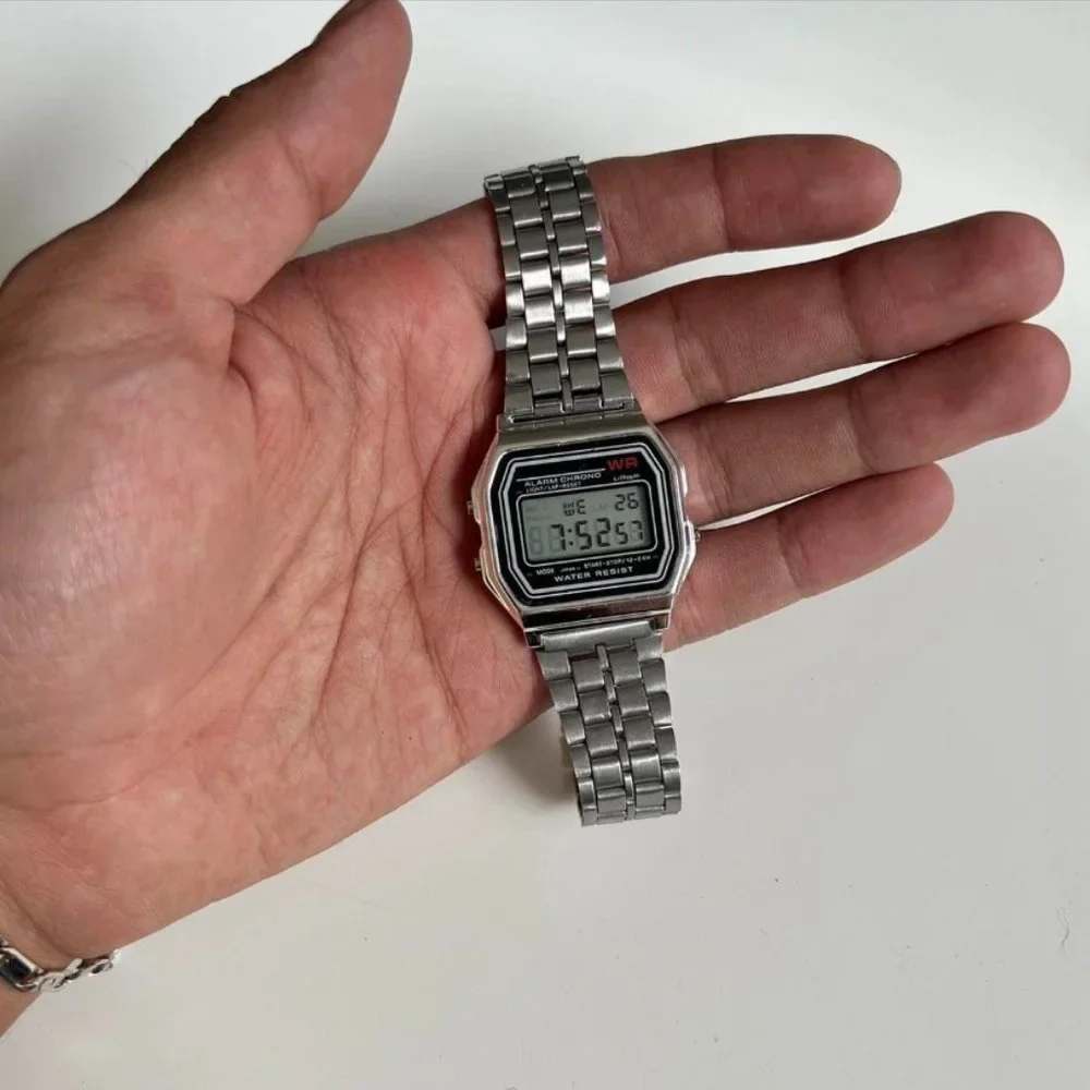 Y2K 2000s vintage retro style silver stainless steel digital watch